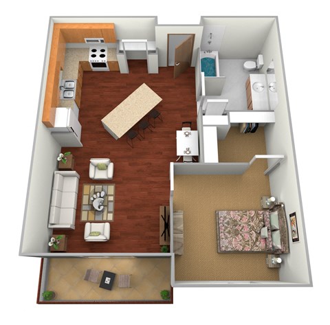 a floor plan of a one bedroom apartment with two bathrooms and a living room with a dining at Northridge Apartments, Pine City